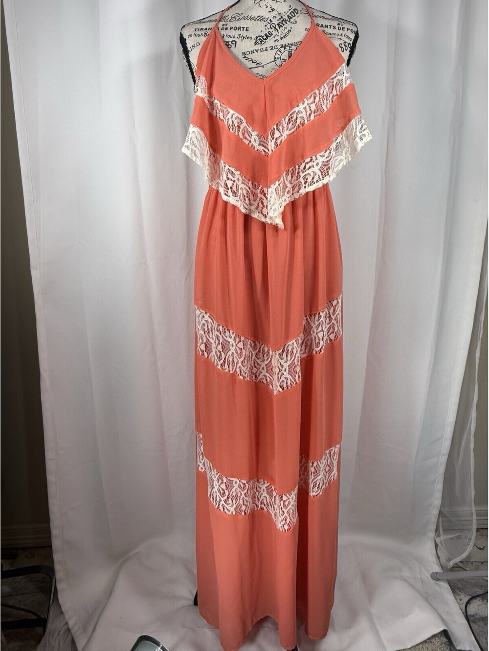 Flying Tomato Coral Lace Maxi Dress Halter Open Tie Back Boho Festival Size L